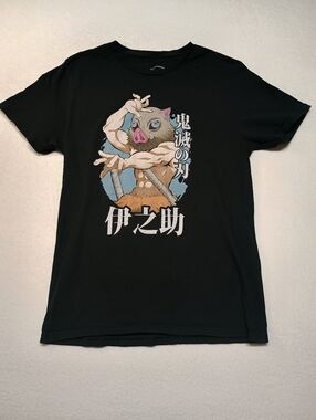 Anime Women's Size M Graphic Tee with Boar Mask Character - Black